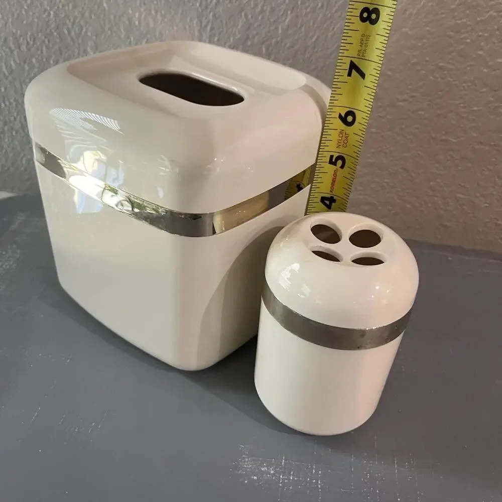 Vintage JCPenney Cream Bathroom Tissue Box Cover Toothbrush Holder Brass Trim